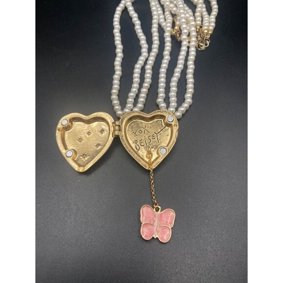 Betsey Johnson Locket 3 Strand Faux Pearl Necklace Heart Butterfly Gold Tone - Picture 8 of 10